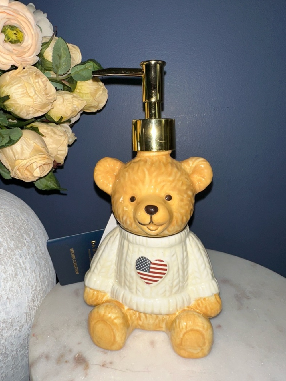 Patriotic Ceramic Teddy Bear Soap Dispenser Heart Sweater